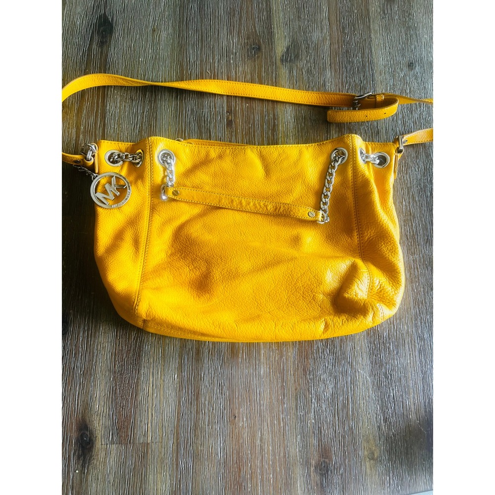 Michael Kors Yellow Pebbled Leather Shoulder Bag Silver Chain Link MK Charm